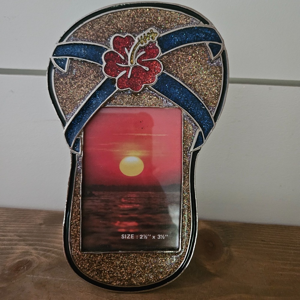 Tropical Flip Flop Photo Frame Glitter Hibiscus Beach Decor 5" Resin - Picture 1 of 8